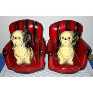 Mid Century Roman Art Robia Ware Chalkware Pekingese Dogs on Red Chairs Bookends